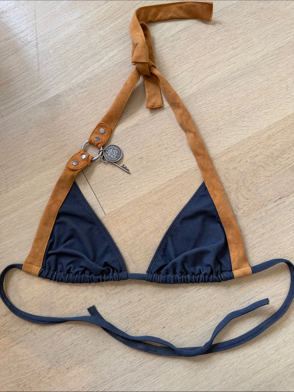 Christian Dior Navy Triangle Bikini Top with Tan Suede Halter Trim Euro 38 US 8